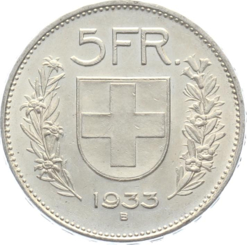 5 Franken 1933 B - vorzüglich